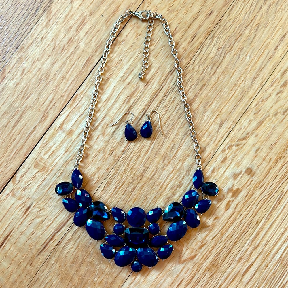 Navy Blue Beaded Bib Necklace on Gold Tone Chain with Matching Earrings
